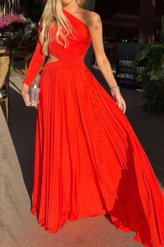 Women's Fashion Solid Color One Shoulder Long Sleeve Cutout Elegant Pleated Wedding Guest Dress