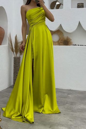 Fashion Summer Elegant One Shoulder Sleeveless Solid Color Sexy Party Wedding Guest Dress