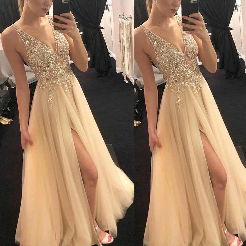 Sexy Deep V Neck Slit Backless Shiny Sheer Wedding Guest Dress