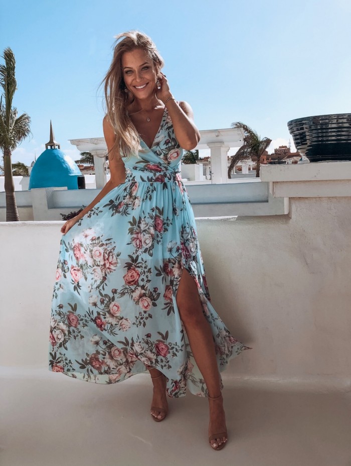 Summer Sexy Elegant Fashion Sleeveless Print Snow Slit V-Neck Maxi Dress