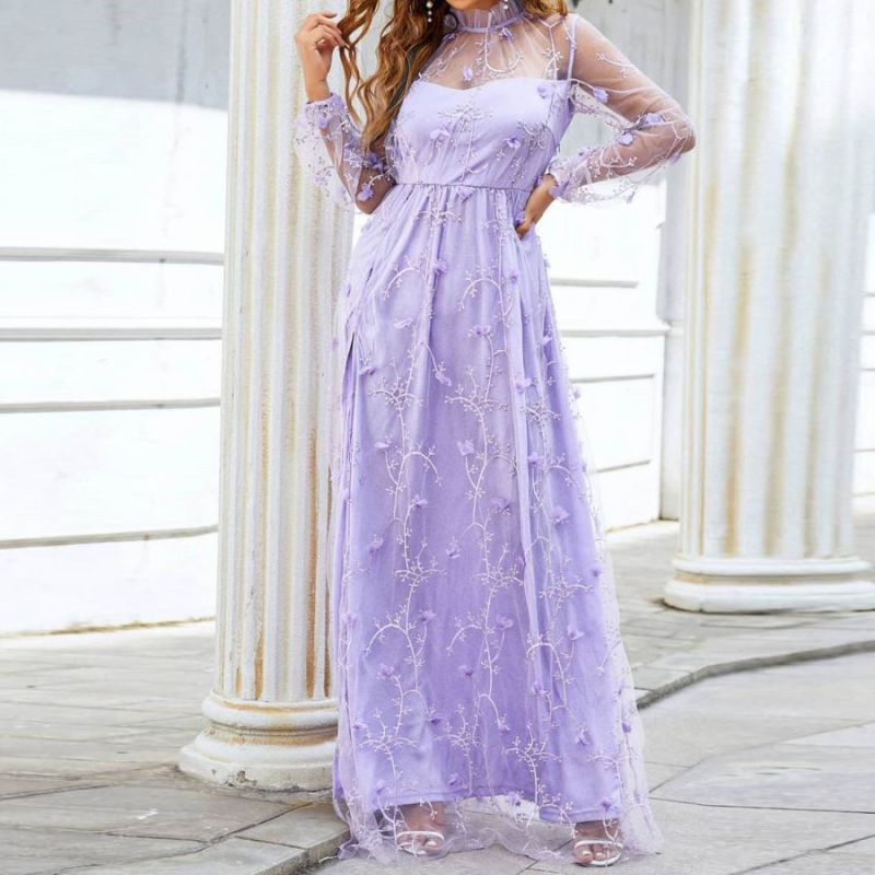 Women's Sexy Purple Mesh Three-dimensional Flower Slim Party Wedding Guest Dress