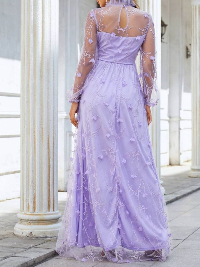 Women's Sexy Purple Mesh Three-dimensional Flower Slim Party Wedding Guest Dress