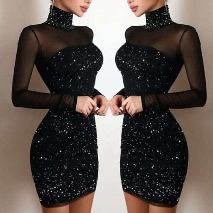 Women's Sexy Elegant High Neck Shiny Silk Party Mesh Bodycon Dress