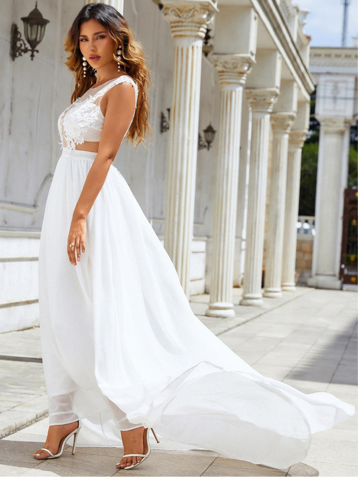 Women's Fashion Elegant Tulle Wedding Dress Lace Cutout Sexy Slit A-Line Wedding Guest Dress