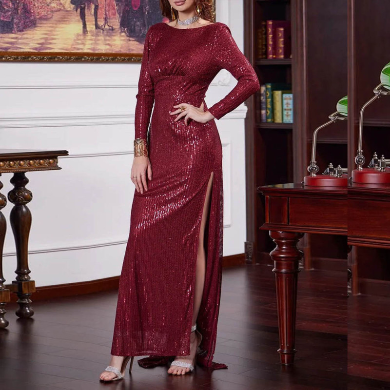 Sexy Backless Long Sleeve Slim Slit Banquet Fashion Elegant Party Wedding Guest Dress