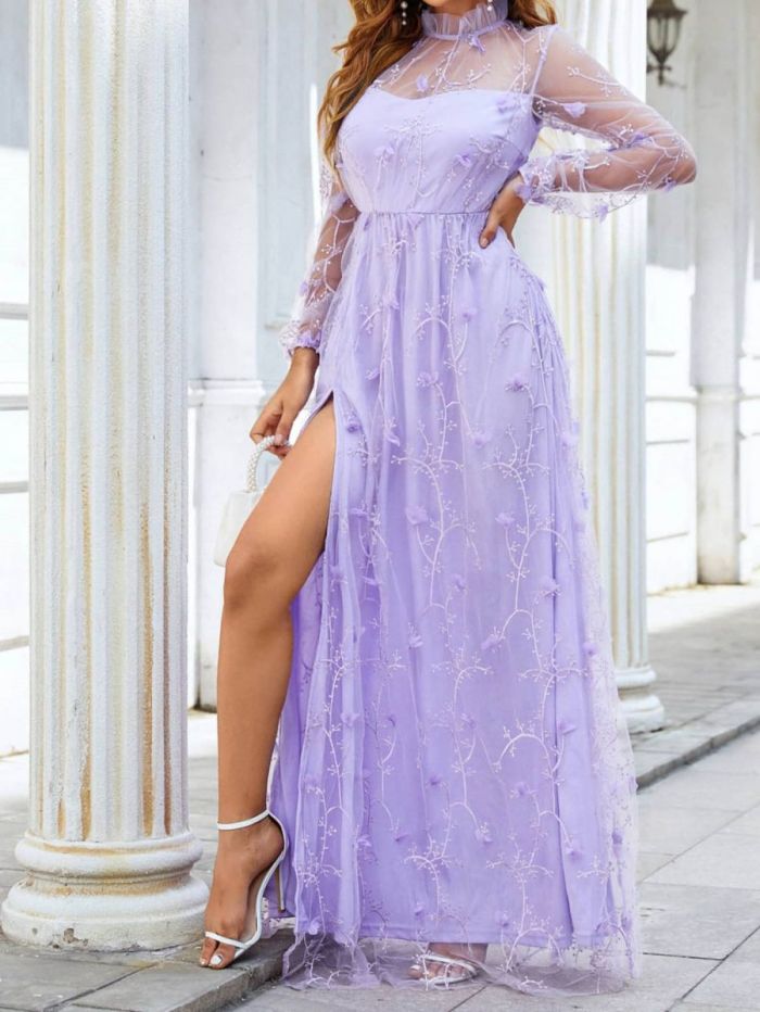 Women's Sexy Purple Mesh Three-dimensional Flower Slim Party Wedding Guest Dress