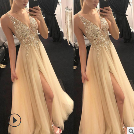 Sexy Deep V Neck Slit Backless Shiny Sheer Wedding Guest Dress