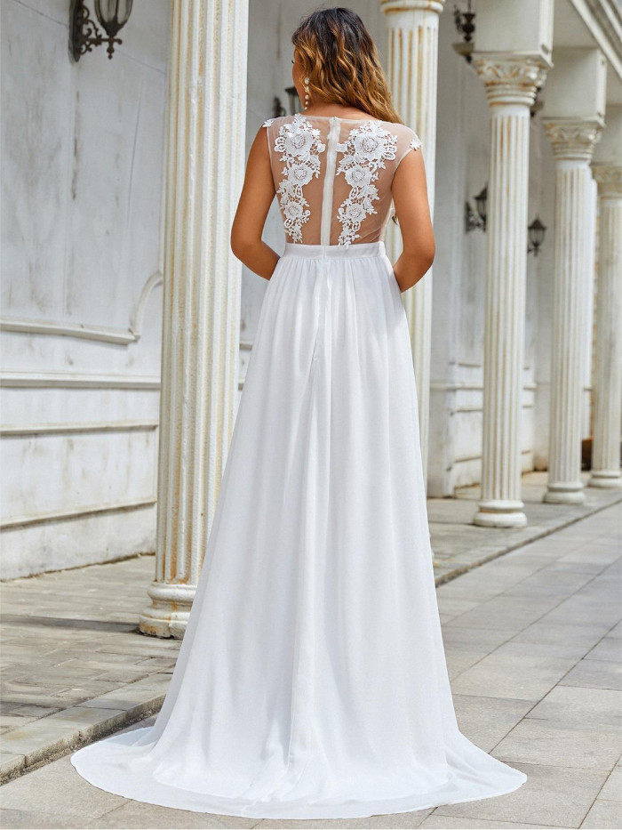 Women's Fashion Elegant Tulle Wedding Dress Lace Cutout Sexy Slit A-Line Wedding Guest Dress