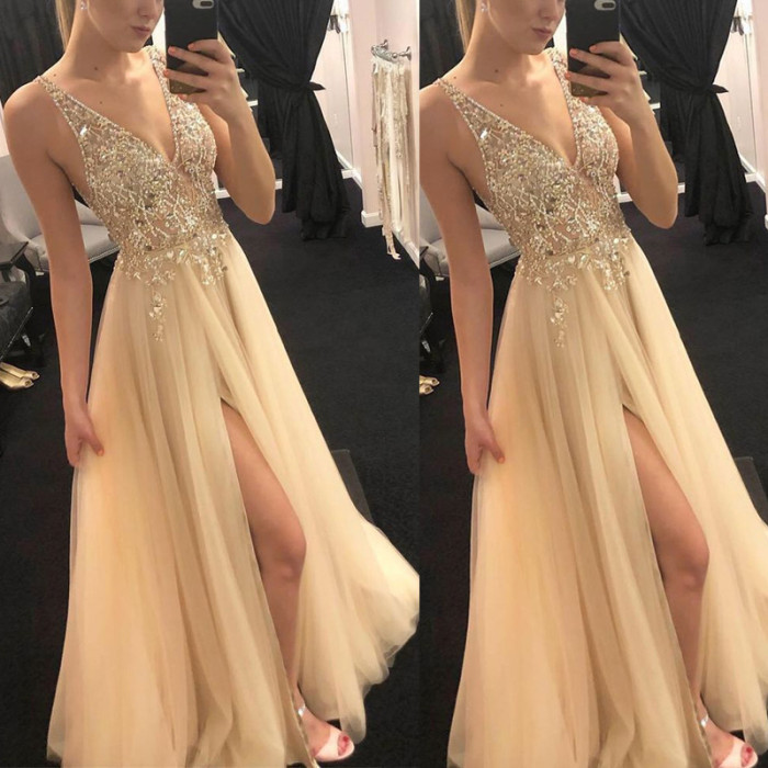 Sexy Deep V Neck Slit Backless Shiny Sheer Wedding Guest Dress