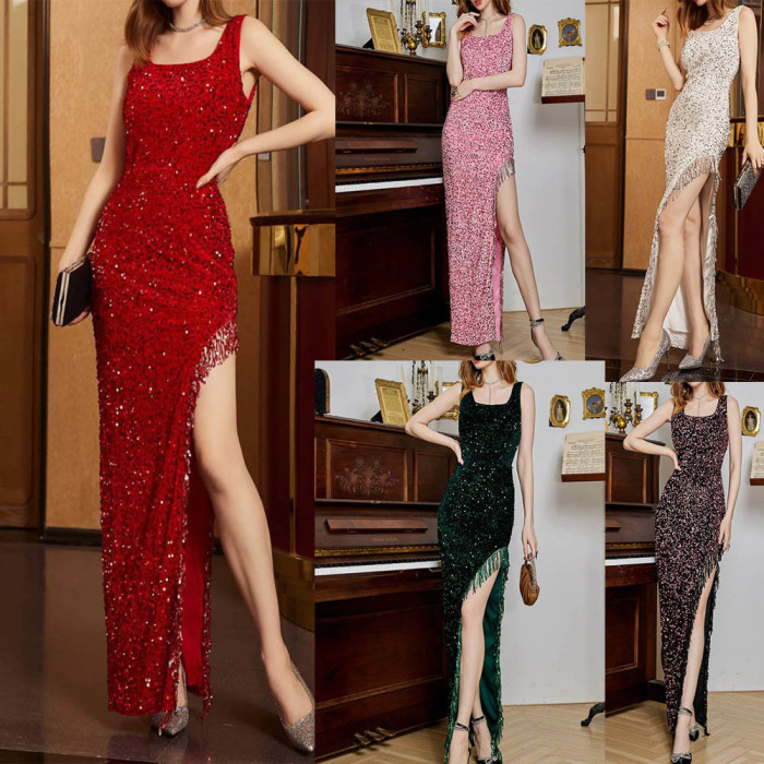 Women's Fashion Party Elegant Sexy Slim Sequin Tassel Wedding Guest Dress