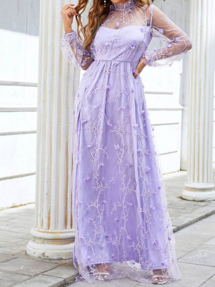 Women's Sexy Purple Mesh Three-dimensional Flower Slim Party Wedding Guest Dress