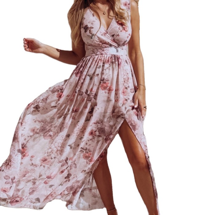 Summer Sexy Elegant Fashion Sleeveless Print Snow Slit V-Neck Maxi Dress
