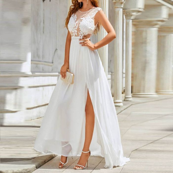 Women's Fashion Elegant Tulle Wedding Dress Lace Cutout Sexy Slit A-Line Wedding Guest Dress