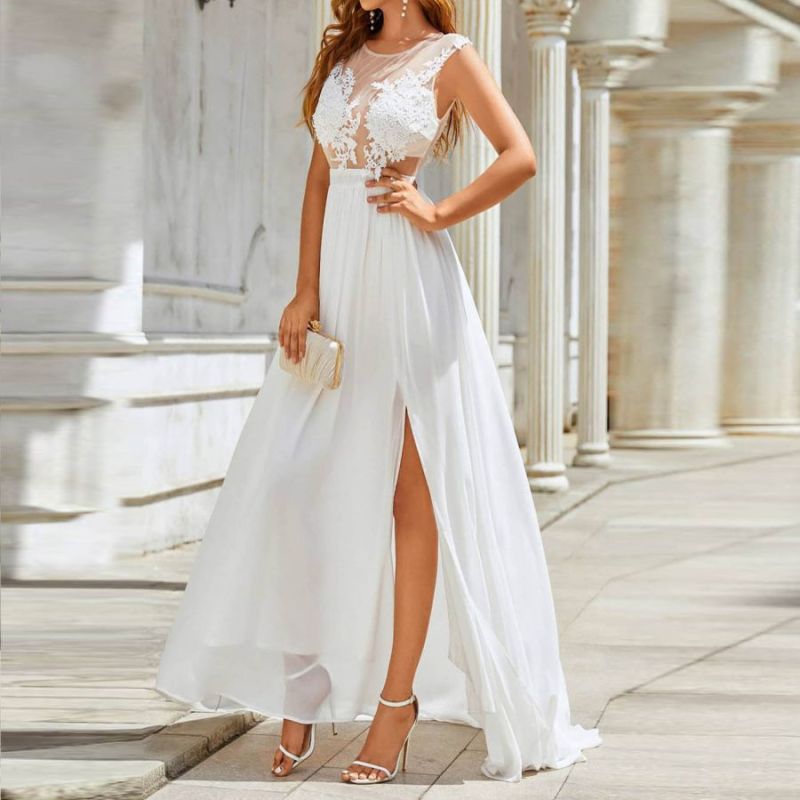 Women's Fashion Elegant Tulle Wedding Dress Lace Cutout Sexy Slit A-Line Wedding Guest Dress
