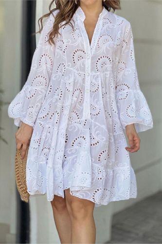 Loose Lace Fashion Trumpet Sleeve Embroidered Sexy Hollow Pattern Party Casual Dress