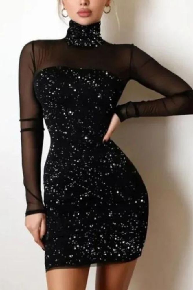 Women's Sexy Elegant High Neck Shiny Silk Party Mesh Bodycon Dress