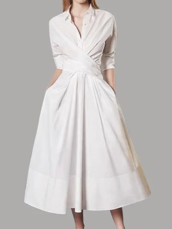 Women's Lapel Solid Color Camisole Long Sleeve Fashion Party Maxi Dress