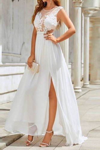 Women's Fashion Elegant Tulle Wedding Dress Lace Cutout Sexy Slit A-Line Wedding Guest Dress