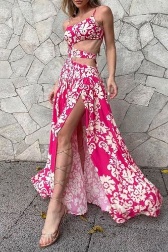 Summer Fashion Sexy Casual Halter Sleeveless Printed Hollow Slit Elegant Maxi Dress