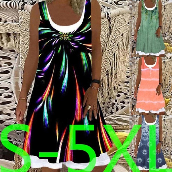 Women Fashion Print Sleeveless Round Neck Casual Dress