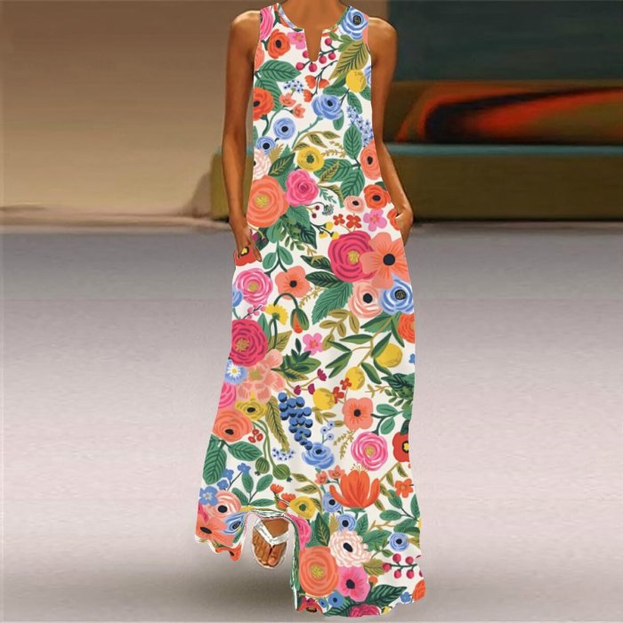 Summer Women Fashion Sleeveless V Neck Print Loose Casual Maxi Dress