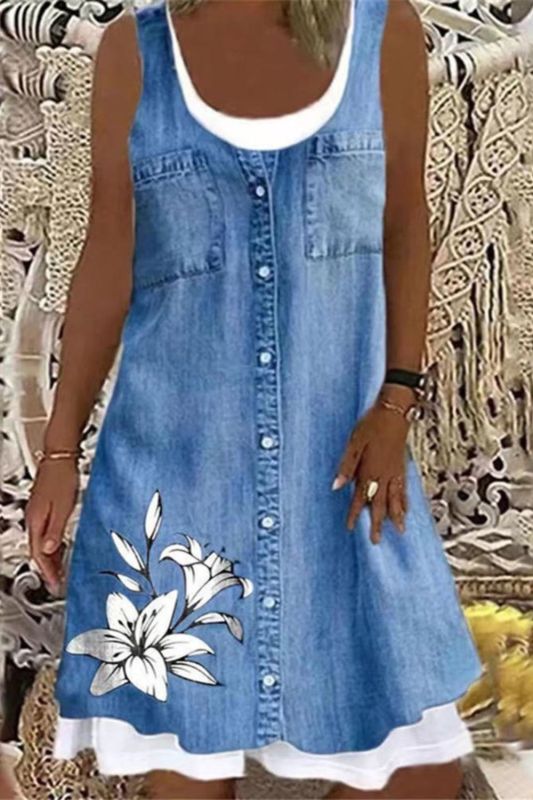 Women's Fashion Paneling Round Neck Printed Faux Denim Casual Dress