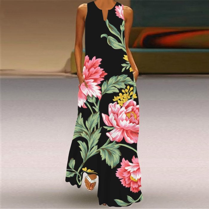 Summer Women Fashion Sleeveless V Neck Print Loose Casual Maxi Dress