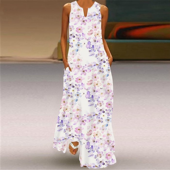 Summer Women Fashion Sleeveless V Neck Print Loose Casual Maxi Dress