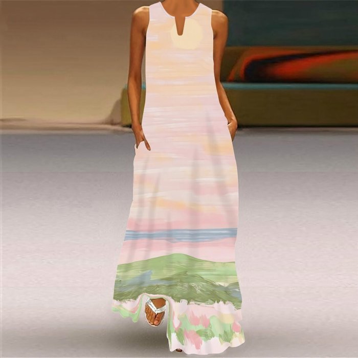 Summer Women Fashion Sleeveless V Neck Print Loose Casual Maxi Dress