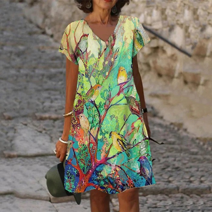 Ladies Fashion Print Loose V Neck Casual Dress