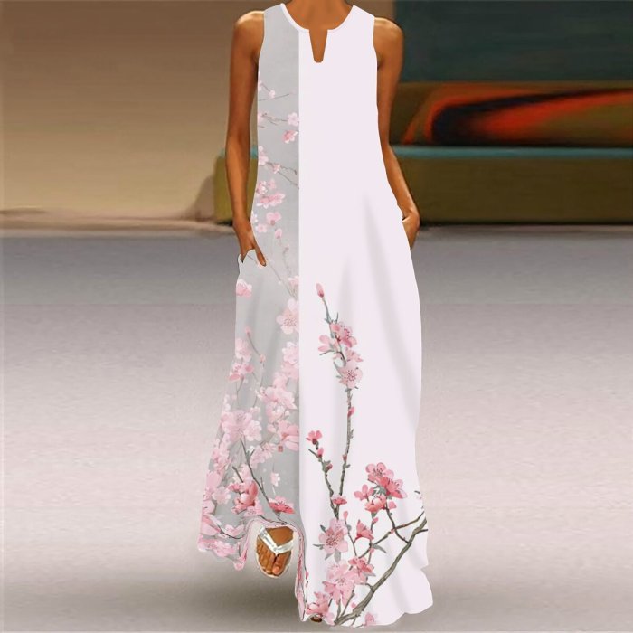 Summer Women Fashion Sleeveless V Neck Print Loose Casual Maxi Dress