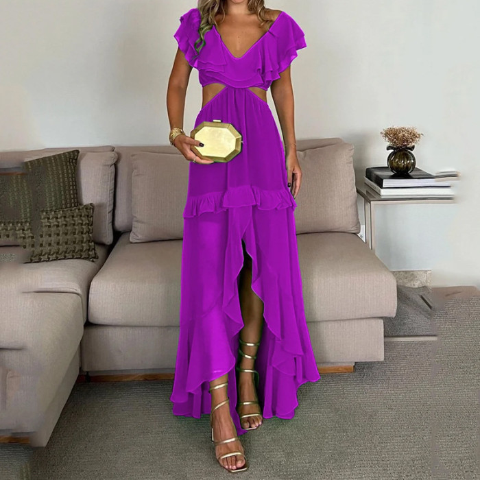Summer Fashion Ladies V Neck Solid Color Sexy Casual Maxi Dress