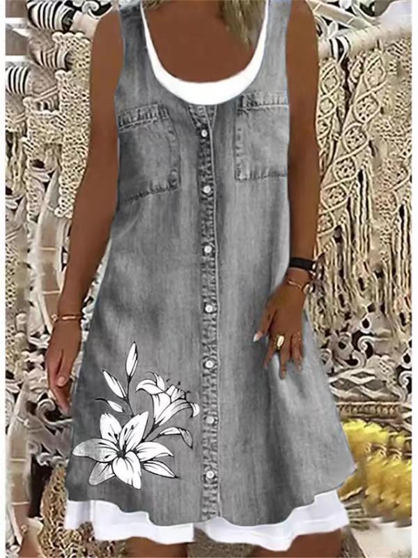 Women's Fashion Paneling Round Neck Printed Faux Denim Casual Dress