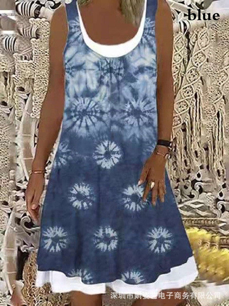 Women Fashion Print Sleeveless Round Neck Casual Dress