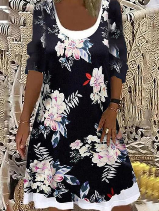 Women's Loose Digital Printing Fake Two Pieces Long Sleeve Casual Dress