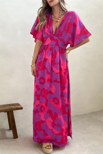 Women's Fashion Printed V-Neck Bohemian Slit Loose A-Line Maxi Dress