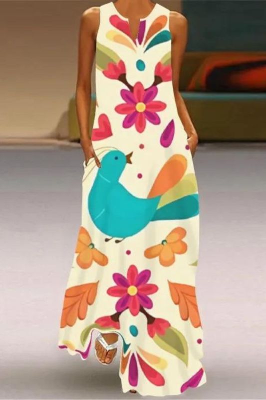 Summer Women Fashion Sleeveless V Neck Print Loose Casual Maxi Dress