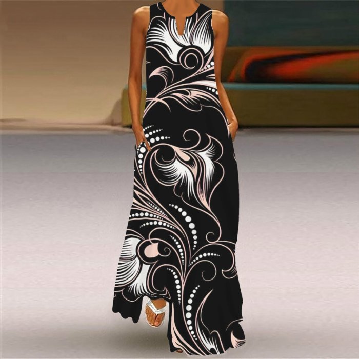 Summer Women Fashion Sleeveless V Neck Print Loose Casual Maxi Dress