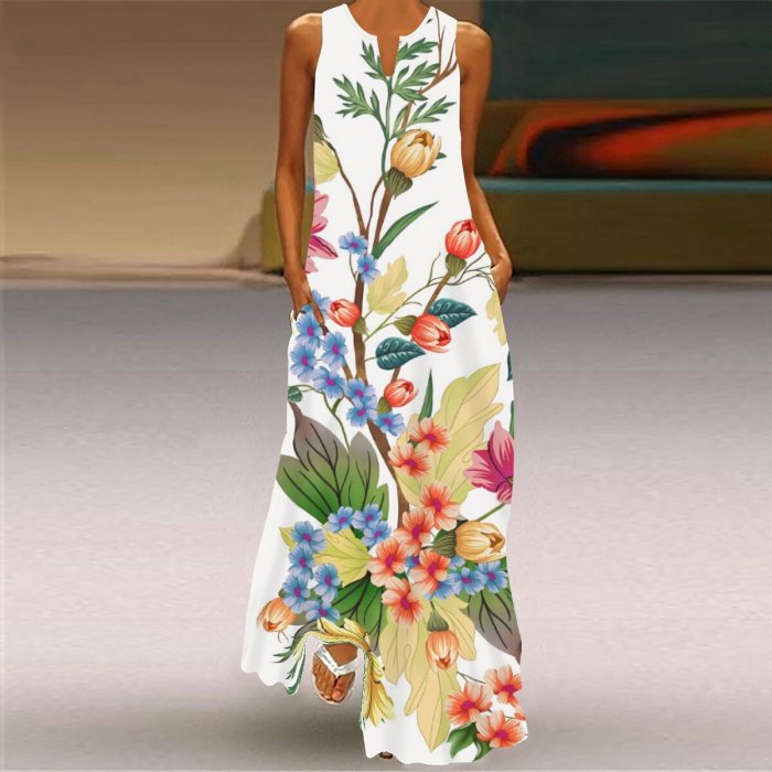 Summer Women Fashion Sleeveless V Neck Print Loose Casual Maxi Dress
