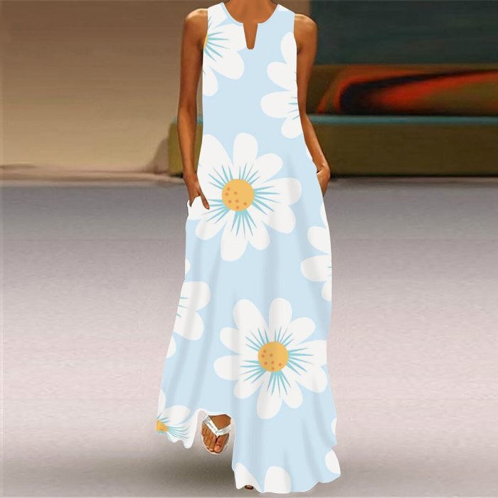 Summer Women Fashion Sleeveless V Neck Print Loose Casual Maxi Dress
