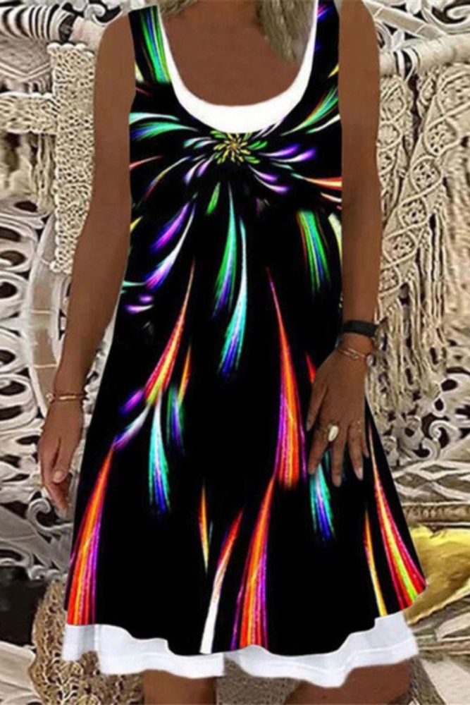 Women Fashion Print Sleeveless Round Neck Casual Dress