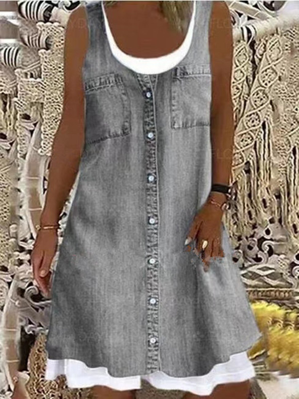 Women's Fashion Paneling Round Neck Printed Faux Denim Casual Dress