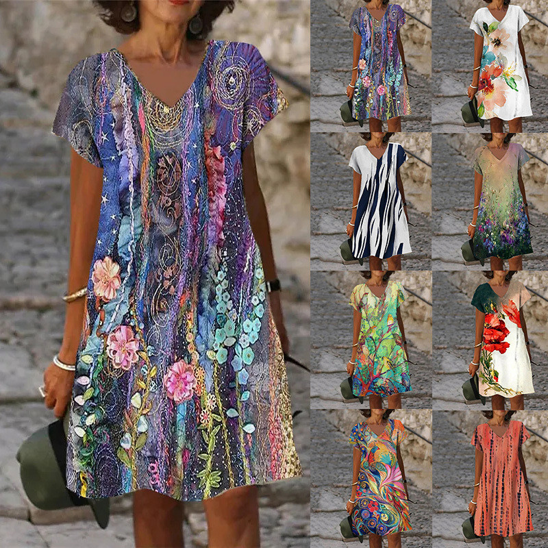 Ladies Fashion Print Loose V Neck Casual Dress
