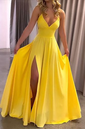 Fashion Ladies Summer Suspenders V Neck Lace Up Slits Elegant  Wedding Guest Dress