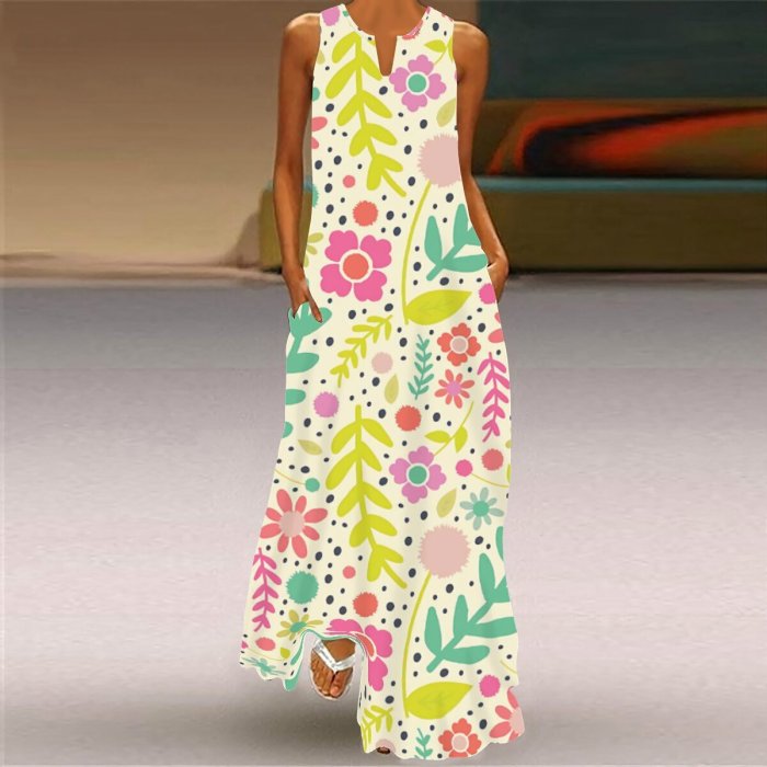 Summer Women Fashion Sleeveless V Neck Print Loose Casual Maxi Dress