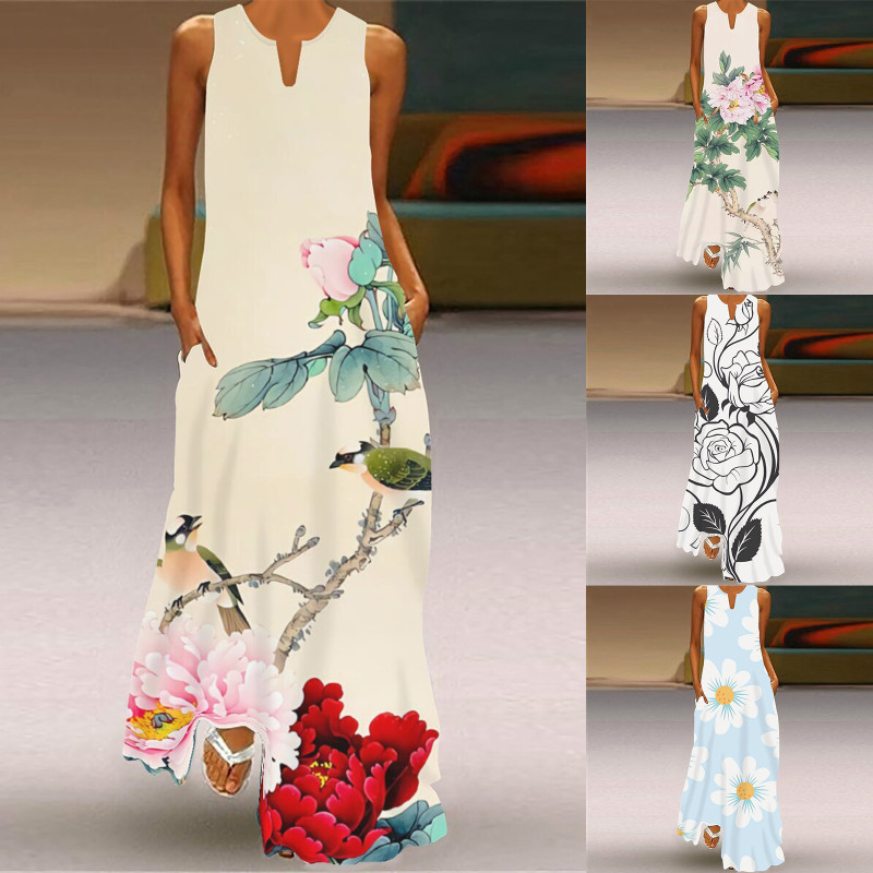 Summer Women Fashion Sleeveless V Neck Print Loose Casual Maxi Dress