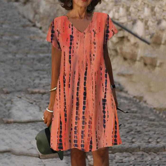 Ladies Fashion Print Loose V Neck Casual Dress