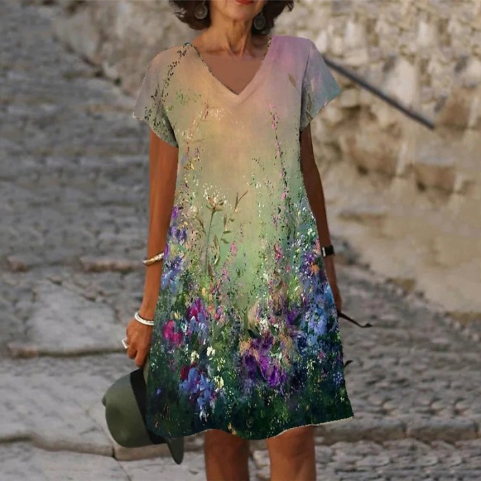 Ladies Fashion Print Loose V Neck Casual Dress
