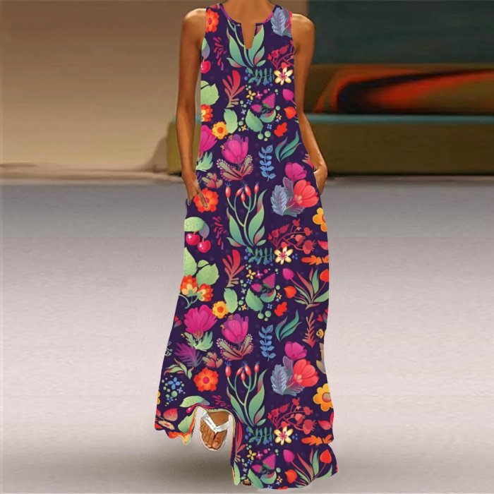 Summer Women Fashion Sleeveless V Neck Print Loose Casual Maxi Dress
