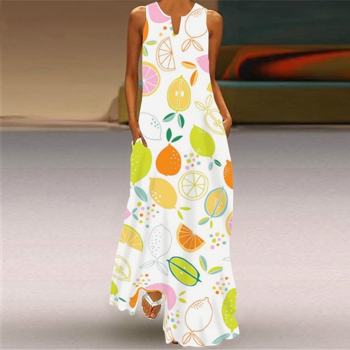 Summer Women Fashion Sleeveless V Neck Print Loose Casual Maxi Dress